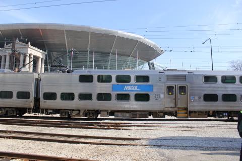 A train passes Soldier Field